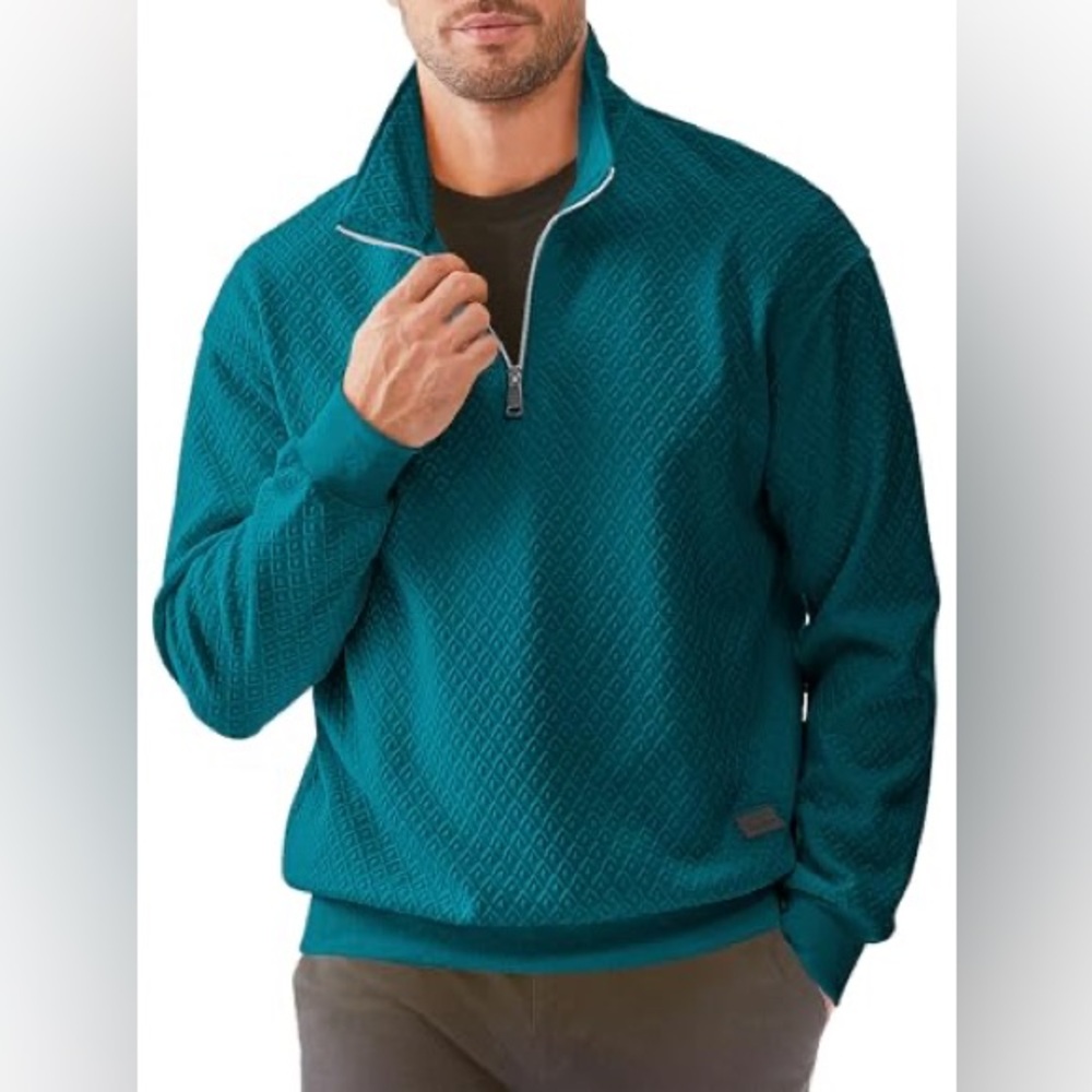JMIERR MENS HALF ZIP WAFFLE LONG SLEEVE FLEECE PULLOVER BLUE SAPPHIRE